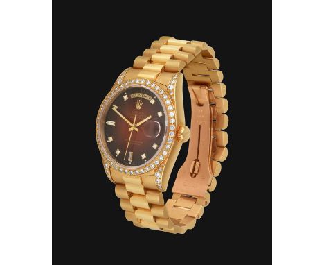 A Fine 18 Carat Gold Diamond Set Automatic Day/Date Centre Seconds Wristwatch, signed Rolex, Oyster Perpetual, Superlative Ch
