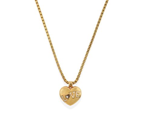 An 18 Carat Gold Diamond 'Love' Pendant on Chain, by Chopard, the yellow heart shaped pendant with the word 'LOVE' pavé set w