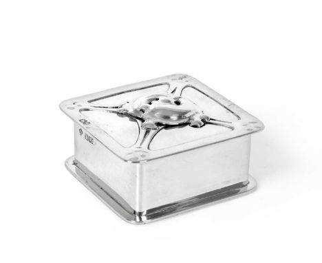 An Edward VII Silver Box, by William Hutton and Sons, London, 1902, Possibly Designed by Kate Harris, square, the hinged cove