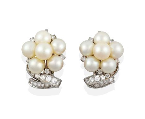 A Pair of Diamond and Cultured Pearl Earrings, a cluster formed of six cultured pearls spaced by round brilliant cut diamonds