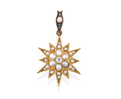 A Victorian Diamond and Split Pearl Pendant, circa 1880, an old cut diamond centres six radial arms set throughout with split