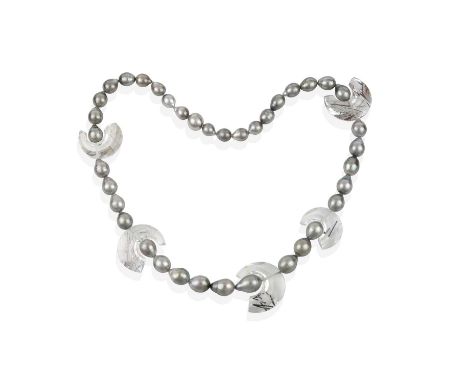 A Grey Baroque Cultured Pearl and Rutilated Quartz Necklace and Ring, by Jutta &amp; Tom Munsteiner, of abstract design, the 