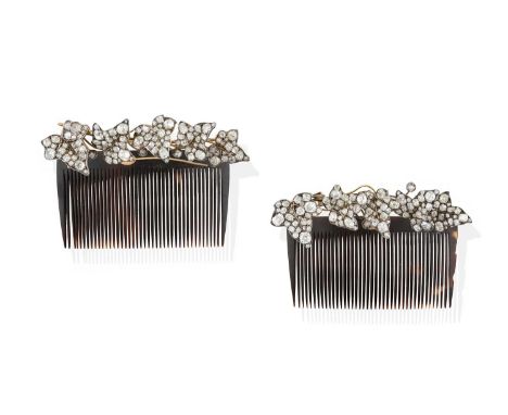 A Pair of Diamond Hair Slides/Brooches, each of naturalistic design, five ivy leaves set throughout with cushion cut, rose cu