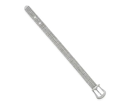 A Diamond Bracelet, formed of five rows of round brilliant cut diamonds, in white rubbed over settings, terminating to a buck