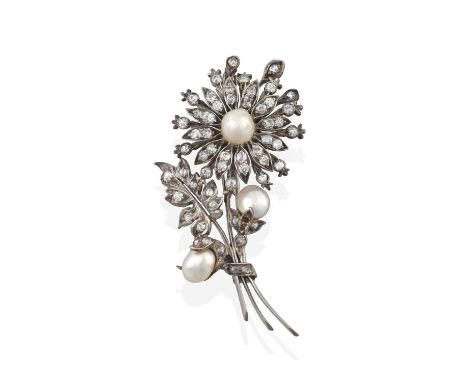 A Pearl and Diamond Brooch, realistically modelled as a floral spray, set throughout with three pearls, rose cut and old cut 