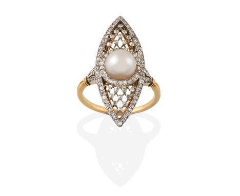 A French Pearl and Diamond Ring, circa 1910, the plaque formed of a central pearl within a border of old cut diamonds, to an 