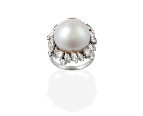 A South Sea Mabé Pearl and Diamond Ring, the central South Sea mabé pearl within an abstract border of marquise cut and round