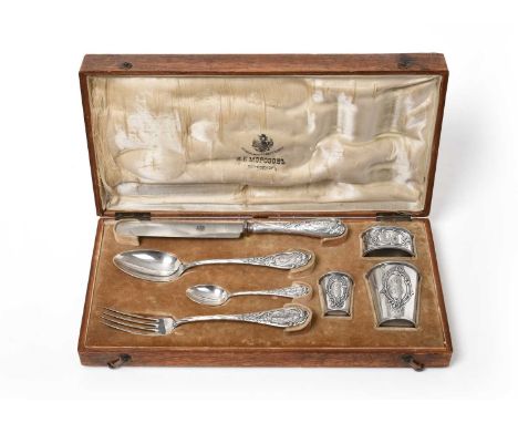 A Cased Russian Silver Travelling-Canteen, The Beakers and Napkin-Ring by Vasilii Kangin, St Petersburg, 1908-1926, The Fork,