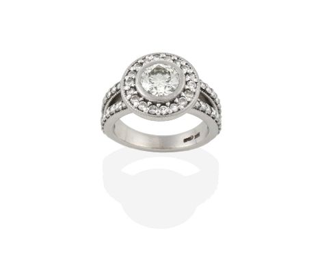 A Platinum Diamond Ring, the round brilliant cut diamond in a rubbed over setting, within a border of smaller round brilliant