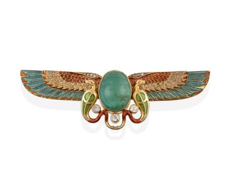 An Emerald, Diamond and Enamel Winged Brooch, the carved emerald as a scarab sits between wings enamelled in blue, green, ora