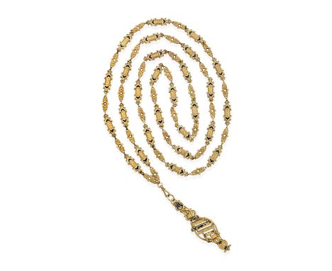 An Antique Gilt Enamel Chain and A Pair of Lorgnettes, scrolled and cartouche shaped plaques decorated with black and white e