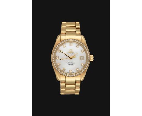 An 18 Carat Gold Diamond Set Automatic Calendar Centre Seconds Wristwatch, signed Omega, Co-Axial Chronometer, 150m/500ft, mo