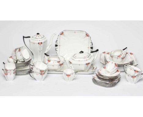 A SHELLEY CHINA QUEEN ANNE SHAPE TEA, COFFEE AND FRUIT SERVICE, 1930's, in the Red Daisy pattern, comprising six each tea cup