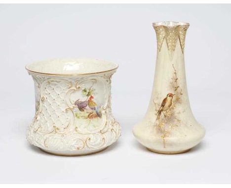 A ROYAL WORCESTER CHINA CACHE-POT, 1893, of waisted cylindrical form, moulded in low relief with diapered panels above strapw