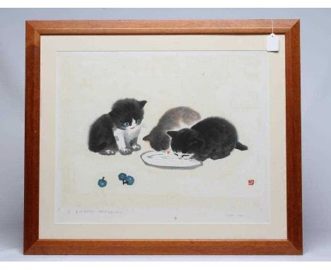 After WU Qiangnian (Born 1937)Kittens, signed, titled and dated 1988, numbered 13/100, screenprint, 18" x 22 1/2" (SH), frame