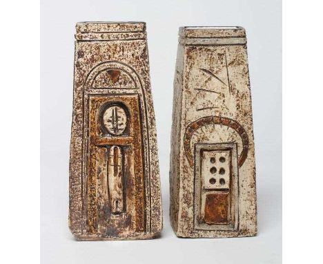 A MATCHED PAIR OF TROIKA POTTERY COFFIN VASES, c.1974/5, one by Marion Murrell incised with a stylised figure and Aztec face,