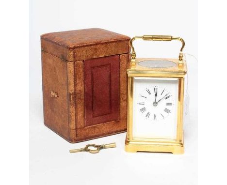 A BRASS CASED CARRIAGE CLOCK, early 20th century, the twin barrel movement with platform escapement striking the hour and hal