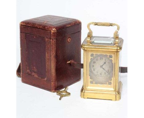 A BRASS CASED CARRIAGE CLOCK, c.1900, the single barrel movement with platform escapement, the silvered dial with Arabic nume