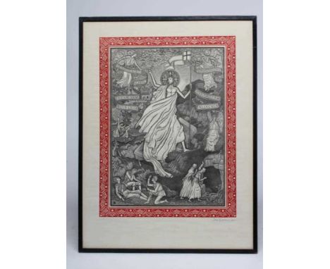 Denis Tegetmeir (1895-1987)The Resurrection of Christ with Red Decorative Border, signed in pencil lower right, linocut print