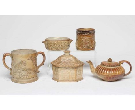 A COLLECTION OF DERBYSHIRE SALTGLAZE STONEWARE, 19th century, comprising a tobacco jar with the Royal Coat of Arms, 3 1/4" hi