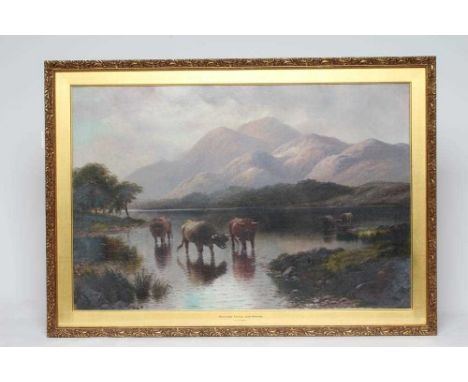 Henry R Hall (1859-1929)Highland Cattle, Loch Katrina, signed and inscribed verso, oil on canvas, 19 1/2" x 29 1/2", framed a