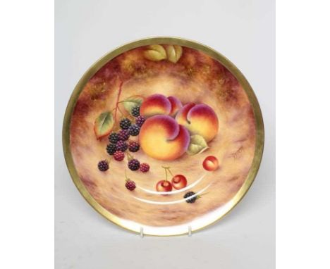 A ROYAL WORCESTER CHINA CABINET PLATE of plain circular form, painted in colours by S. Smith with a still life of three peach