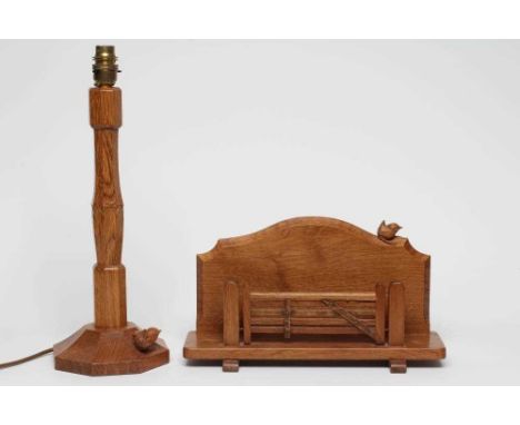 A BOB HUNTER OAK TABLE LAMP of faceted baluster form with stiff leaf collar, the swept base with carved wren trademark in hig