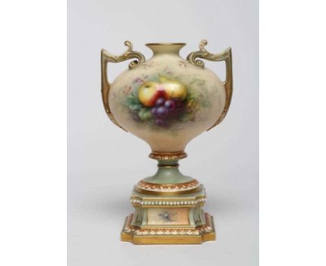 A ROYAL WORCESTER CHINA TWO HANDLED VASE, 1902, of squat globular form on a waisted knopped socle and canted square base, pai