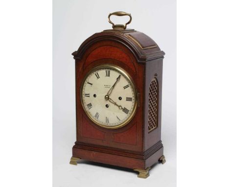A MAHOGANY CASED MANTEL CLOCK, early/mid 19th century, the three train movement quarter striking on two bells, 6" enamel dial