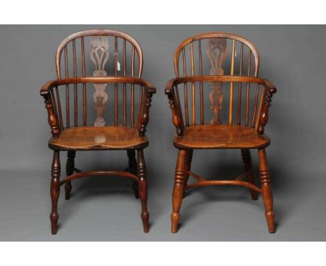 A MATCHED PAIR OF YEW AND ELM WINDSOR ARMCHAIRS, Lincolnshire, mid/late 19th century, of low hoop back form with fleur de lys