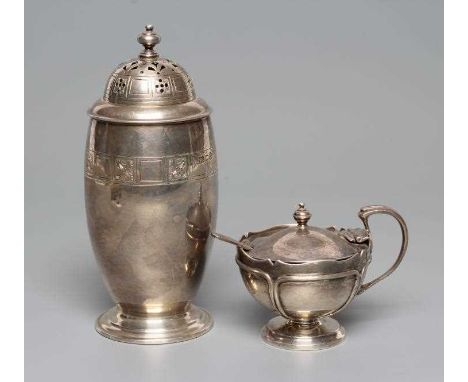 AN ART DECO SILVER SUGAR CASTER, by Wakely &amp; Wheeler, London 1927, of ovoid form with lift-off cover, bright cut engraved