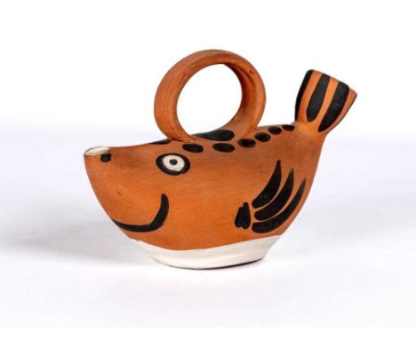 Y PABLO PICASSO (1881-1973) A red earthenware fish pitcher with black and white markings, inscribed 'EDITION PICASSO MADOURA'