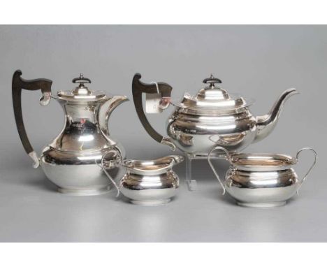 A SILVER FOUR PIECE TEA AND COFFEE SERVICE, by Viners, Sheffield 1929, of rounded oblong baluster form, comprising teapot, 12