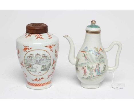 A CHINESE PORCELAIN SMALL COFFEE POT AND COVER of baluster form with ear shaped handle, the domed cover with ball finial, pai