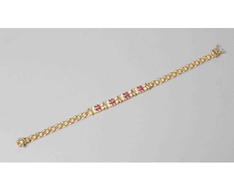 A RUBY AND DIAMOND BRACELET, the 18ct gold brick links centred by four panels each channel set with four rubies and diamonds 