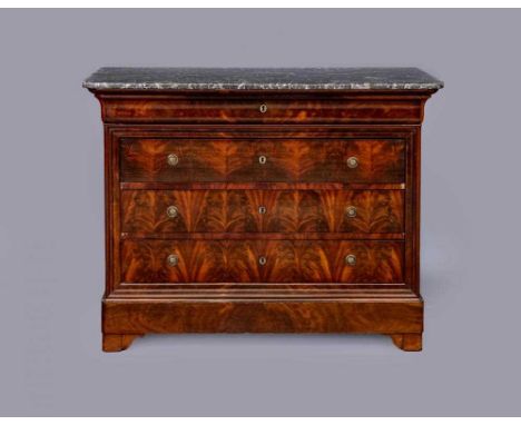 A FRENCH MAHOGANY MARBLE TOPPED COMMODE, early 19th century, the rounded oblong grey marble over ogee fronted frieze drawer, 