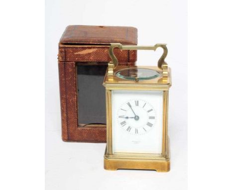 A BRASS CASED CARRIAGE CLOCK, early 20th century, the cylinder movement with platform escapement and repeat mechanism strikin