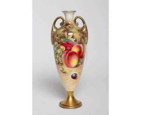 A ROYAL WORCESTER CHINA VASE, 1950, of rounded conical form with two loop handles, painted in colours by Harry Ayrton with a 