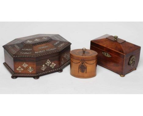 A GEORGIAN FRUITWOOD TEA CADDY, 18th century, of oval form inlaid with beaded festoons and hanging oval paterae within cheque