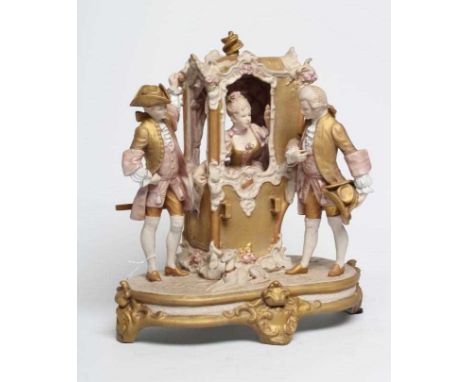 A ROYAL DUX PORCELAIN FIGURAL GROUP, mid 20th century, modelled as a lady in a sedan chair accompanied by two gallants, all i