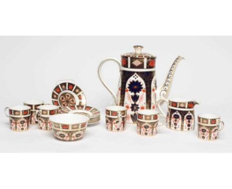A ROYAL CROWN DERBY CHINA COFFEE SET, modern, painted in the Imari palette with pattern 1128, comprising coffee pot and cover