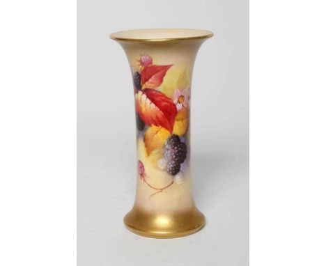 A ROYAL WORCESTER CHINA VASE, 1930, of waisted cylindrical form, painted in polychrome enamels by Kitty Blake with a still li