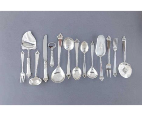 A NORWEGIAN SILVER PART TABLE SERVICE, stamped 830S, designed by Nils Hansen in the Odel pattern, comprising twelve each dess