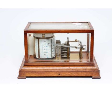 AN OAK CASED BAROGRAPH BY NEGRETTI AND ZAMBRA, early 20th century, with thermometer, the bevelled glass case with chart drawe