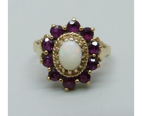 A 9ct yellow gold opal and amethyst cluster ring, N, 3.5g 