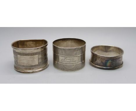 Three silver napkin rings, 62g 