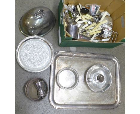A box of mixed silver plate including meat dome, rectangular tray and flatware with mother of pearl handles 