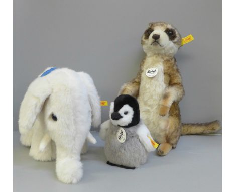 Three Steiff animals, Meerkat, Elephant and Flaps penguin 