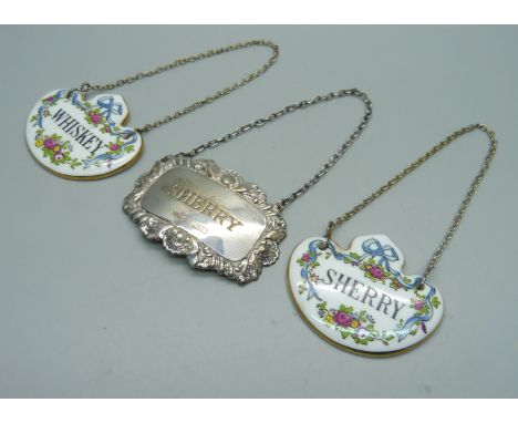 A silver Sherry label and two other bottle labels 