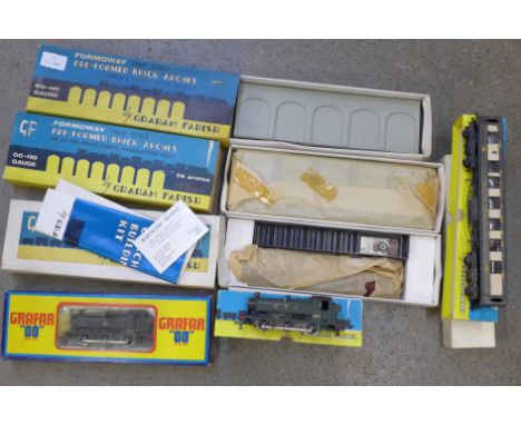 Two Grafar 00 gauge locomotives, two pre-formed brick arches, a coach kit, etc., Graham Farish 